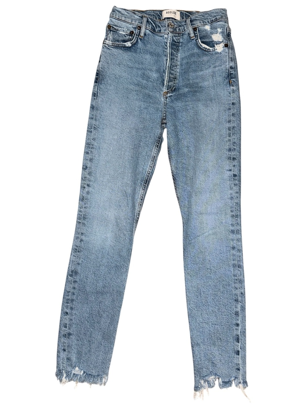 AGOLDE Nico High Rise Slim Straight Jeans Rooted Wash Distressed Raw Hem Size 25